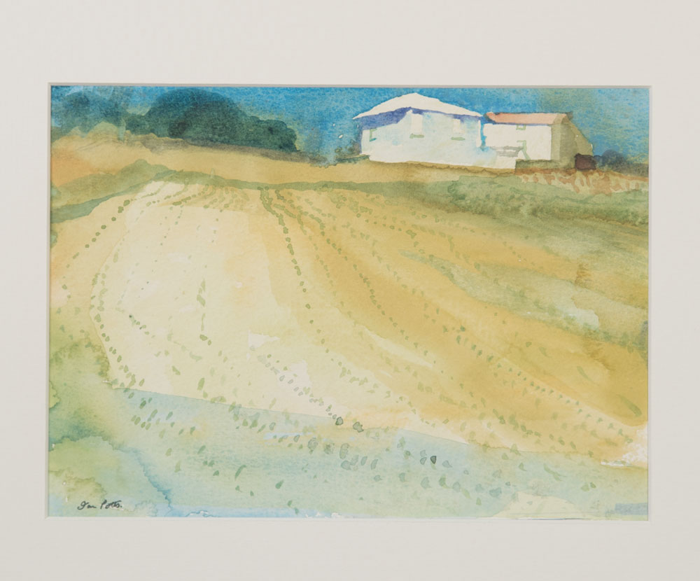 Summer field with distant buildings in sun. Watercolour for sale at Ian Potts Watercolours exhibition summer 2016
