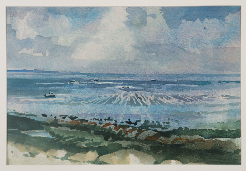 Seascape with patterned rocks below surface and boats. Watercolour for sale at Ian Potts Watercolours exhibition summer 2016