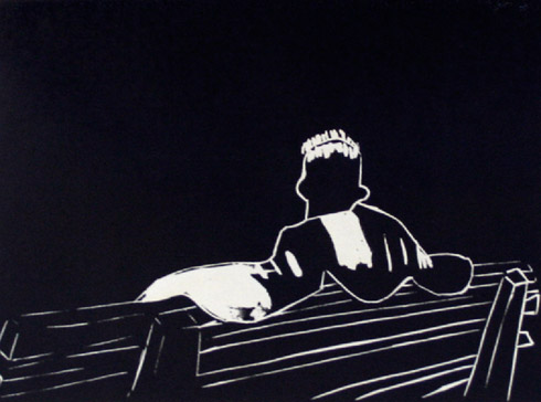 student J - lino-cut print from itchy-scratchy photo