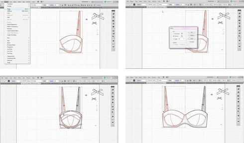 Figure 1: Screen shot sequence from an Illustrator screencast to reflect and copy a bra shape